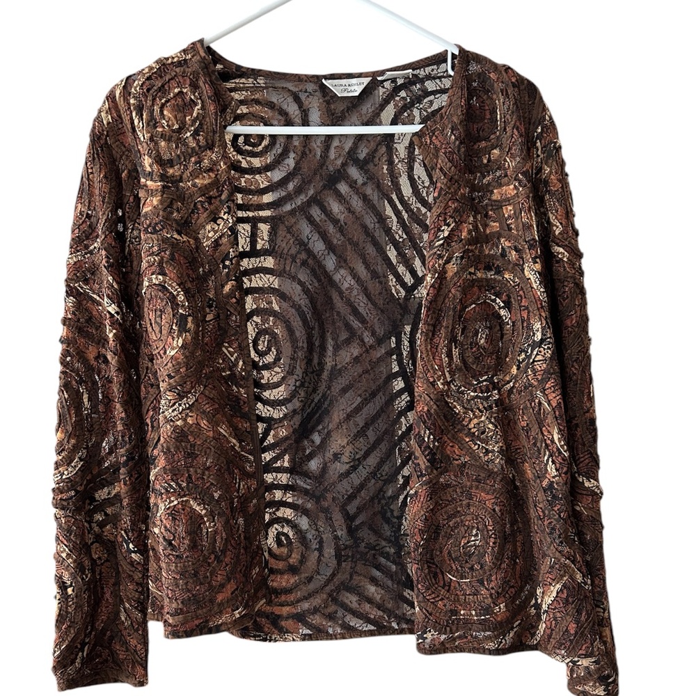 Brown Embellished Open Jacket Cardigan Abstract Print Mob Wife